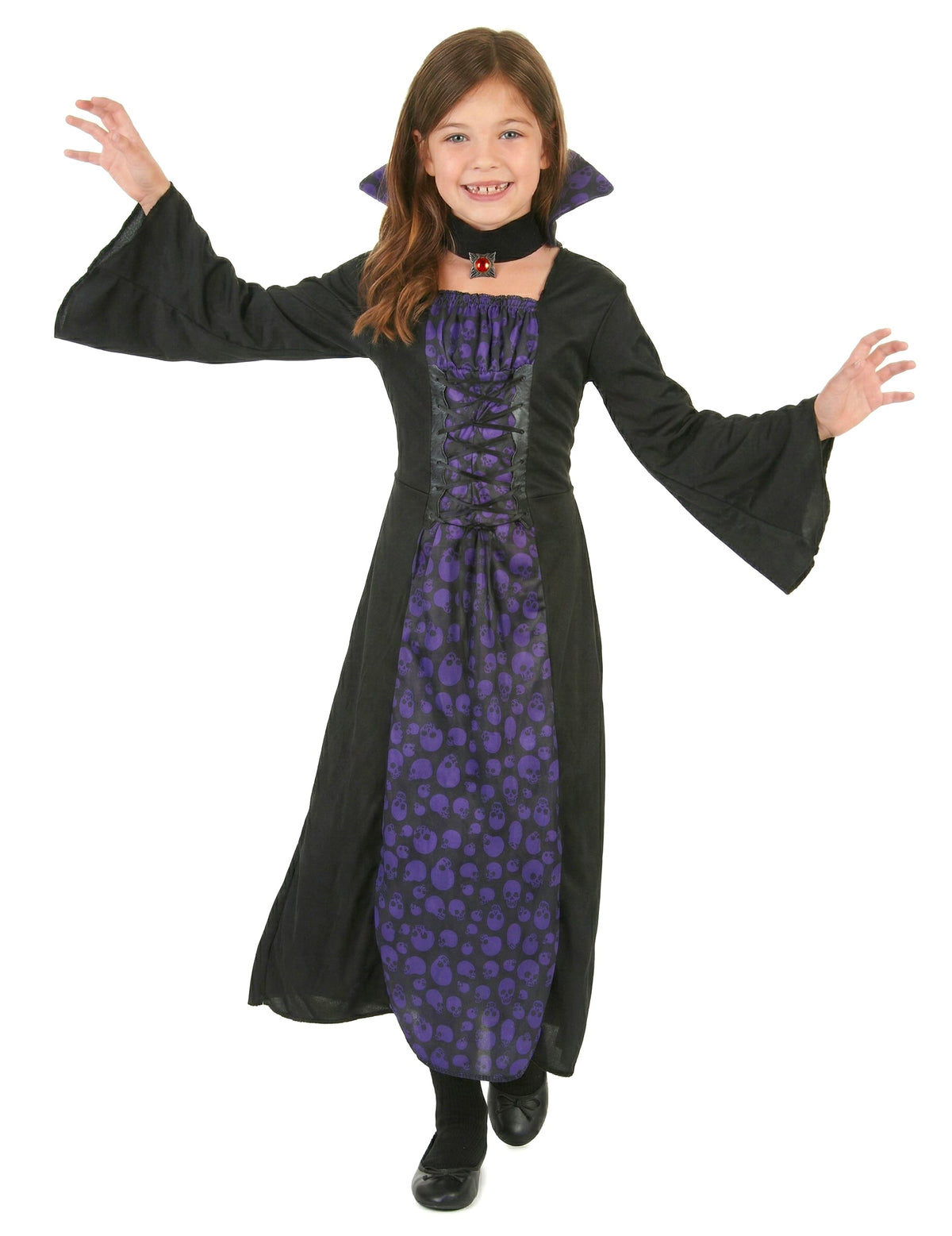 Déguisement de vampire pour fille violet et noir avec motifs têtes de mort