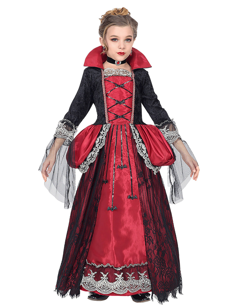 Déguisement de vampiresse duchesse pour fille rouge et noir avec dentelle