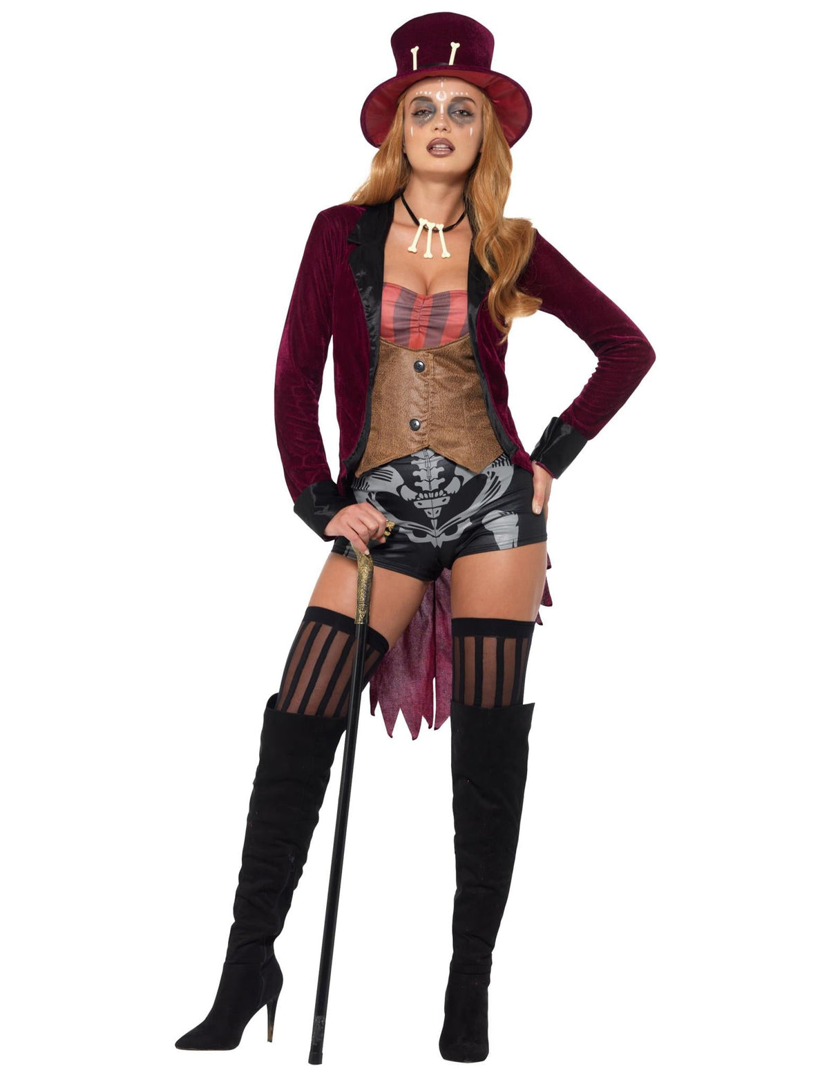 Déguisement vaudou sexy pour femme bordeaux et noir avec haut-de-forme et collier d'os