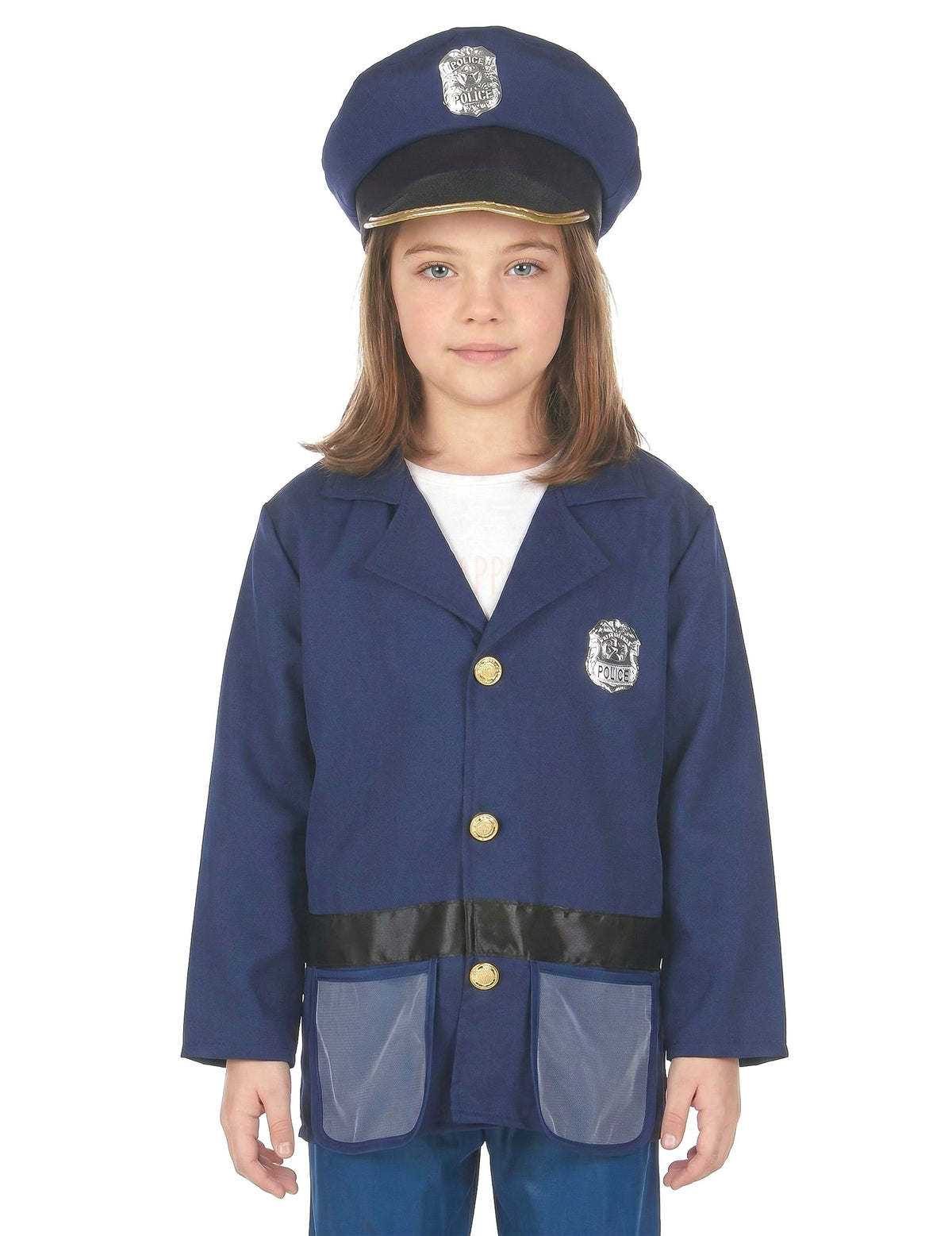 Gros plan sur la veste et la casquette du déguisement avec accessoires policier pour enfant