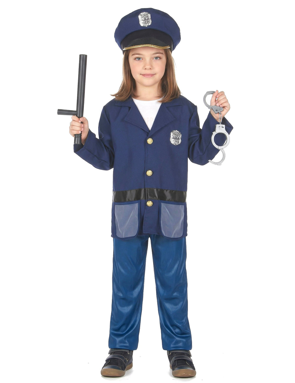 Vue d'ensemble du déguisement avec accessoires policier pour enfant