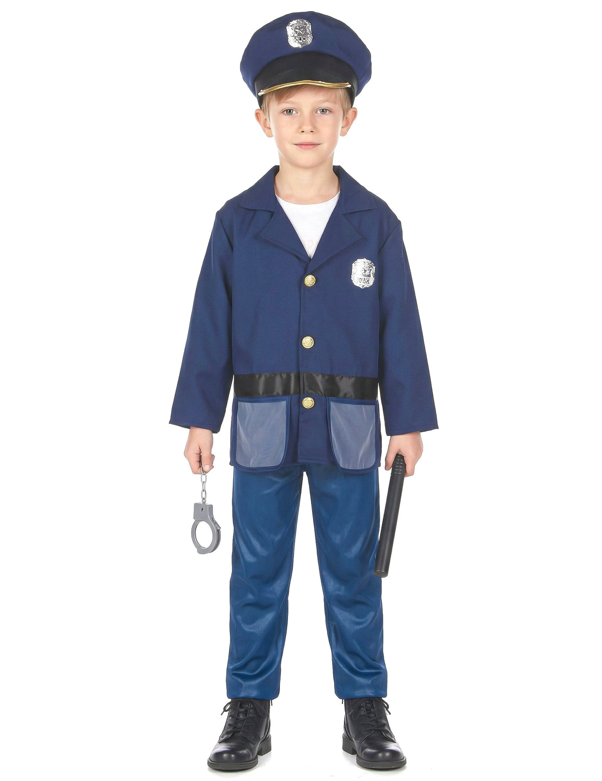 Vue de plein pied du déguisement avec accessoires policier pour enfant