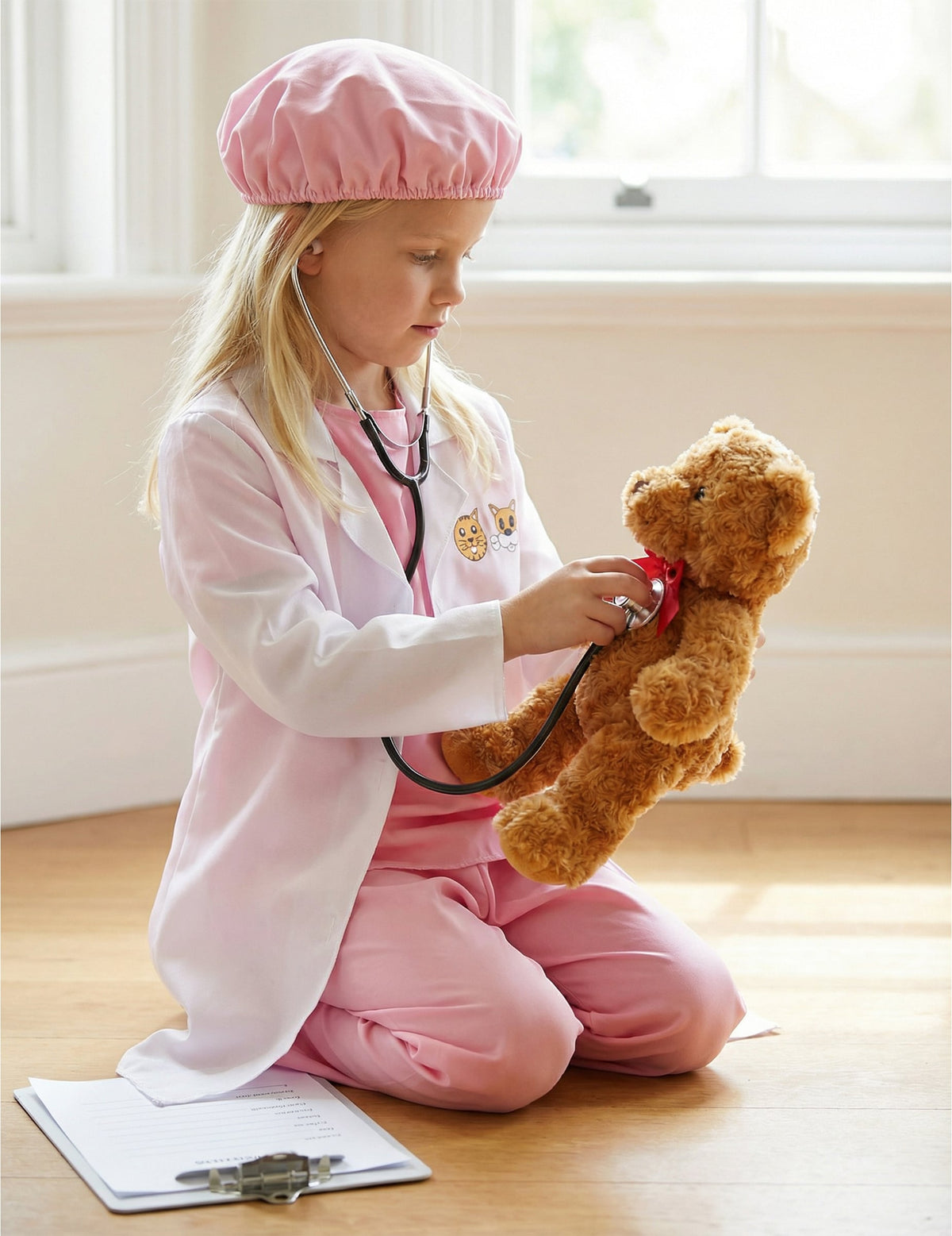 Vue de profil avec stéthoscope du déguisement de vétérinaire pour fille