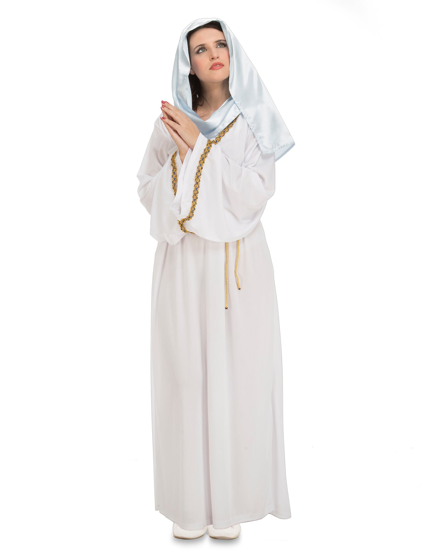Déguisement de Vierge Marie pour femme blanc et bleu avec liseré doré