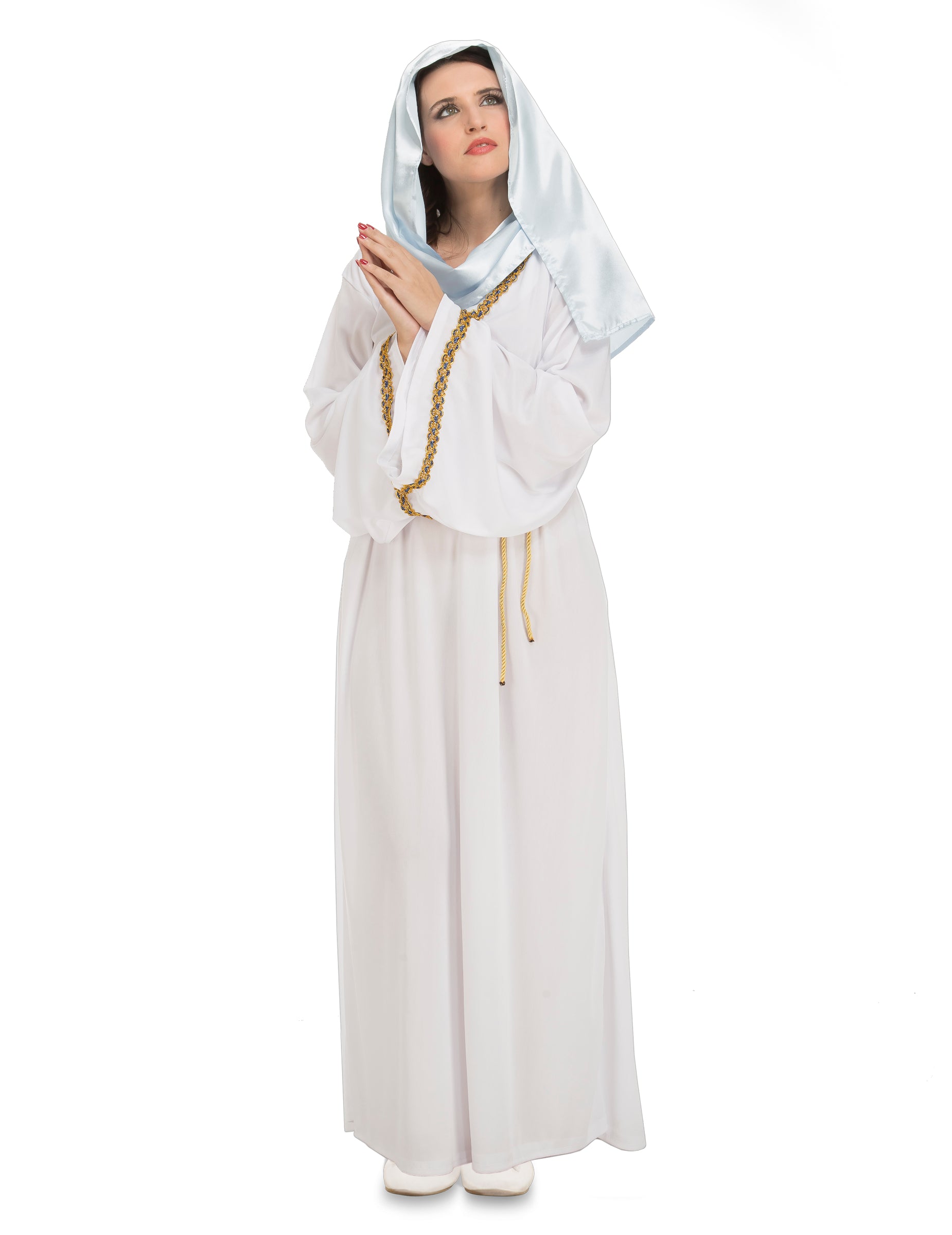 Déguisement de Vierge Marie pour femme blanc et bleu avec liseré doré