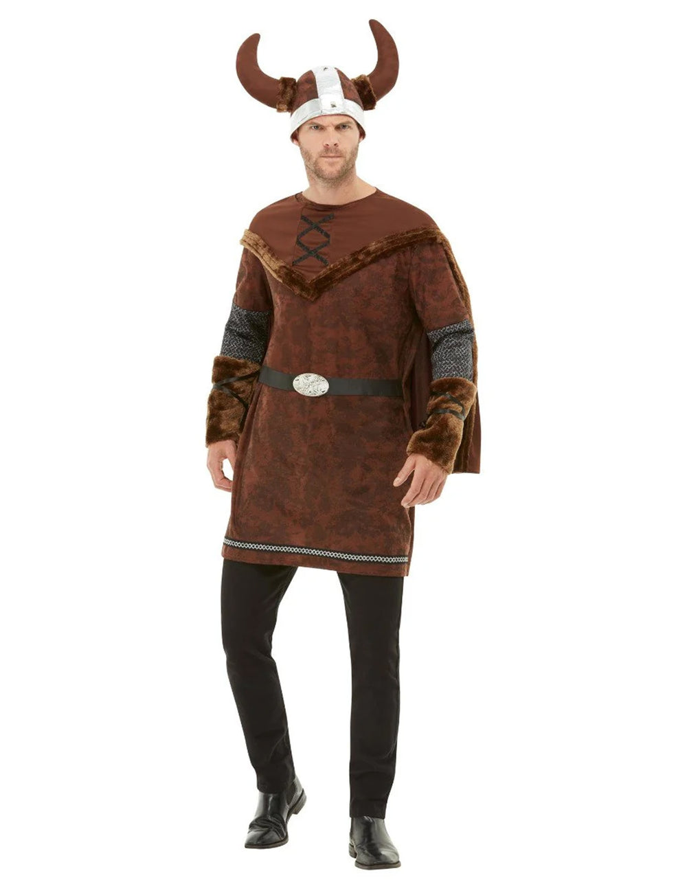 Déguisement de viking barbare pour homme marron avec casque à cornes