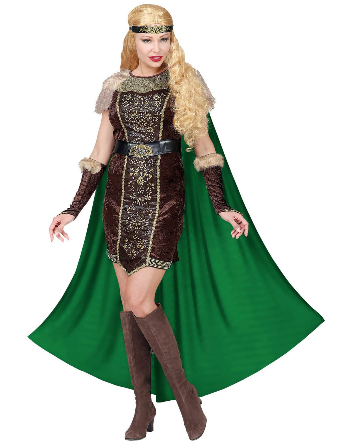 Vista frontal do disfarce viking de pele com capa para mulher