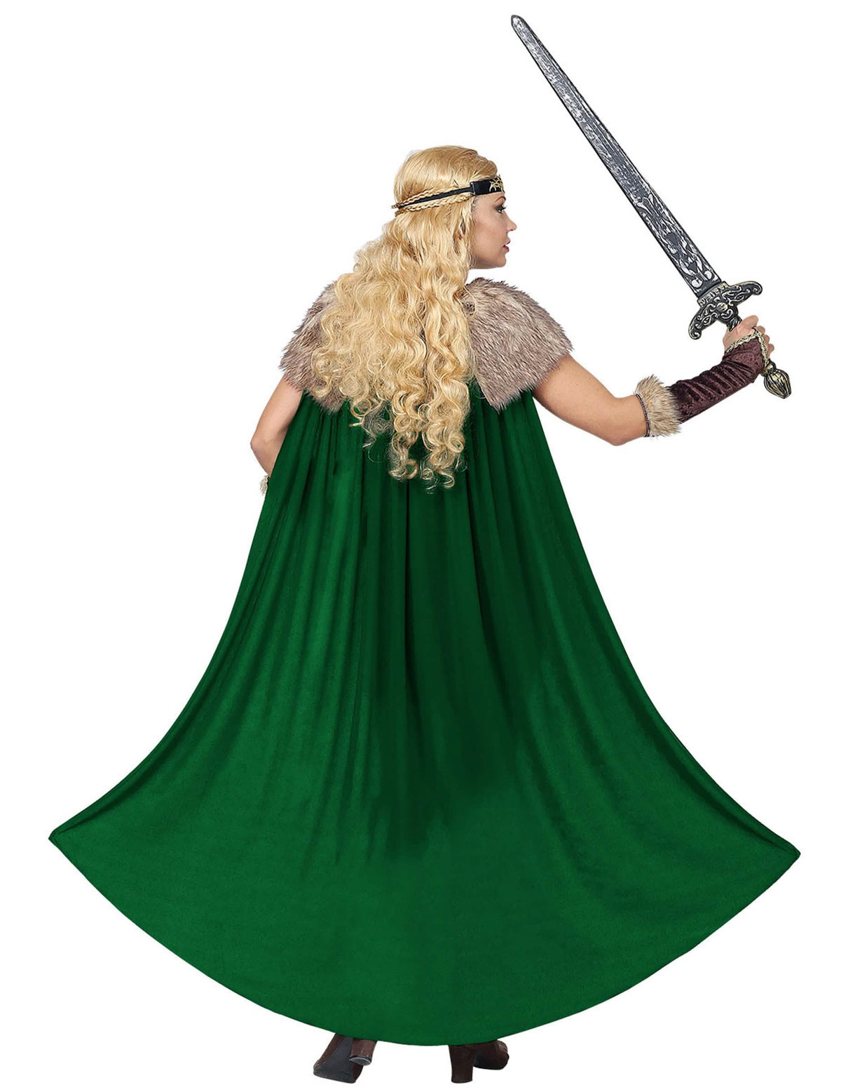 Vista traseira do disfarce viking em pele com capa para mulher