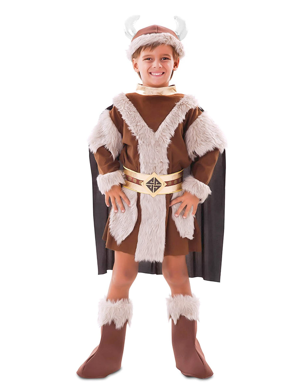 Disfarce de menino viking castanho com pelo e capacete com cornos