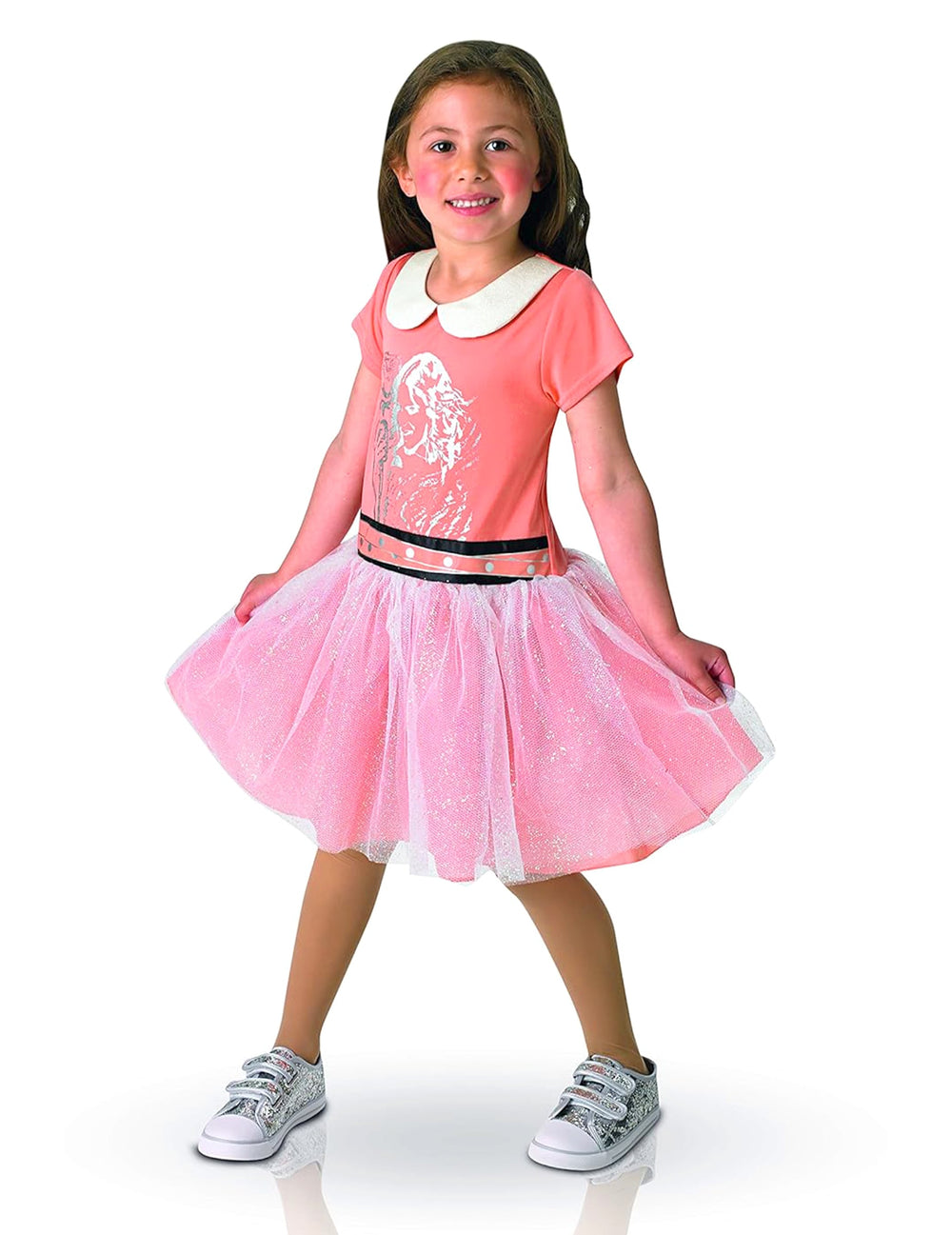 Déguisement Violetta pour fille rose avec jupon en tulle et col blanc