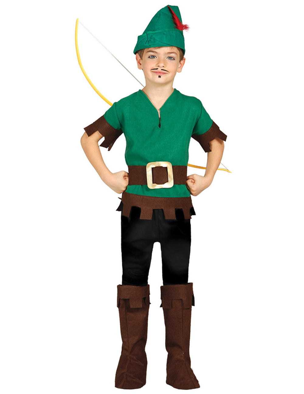 Déguisement voleur des bois pour garçon vert et marron avec chapeau à plume