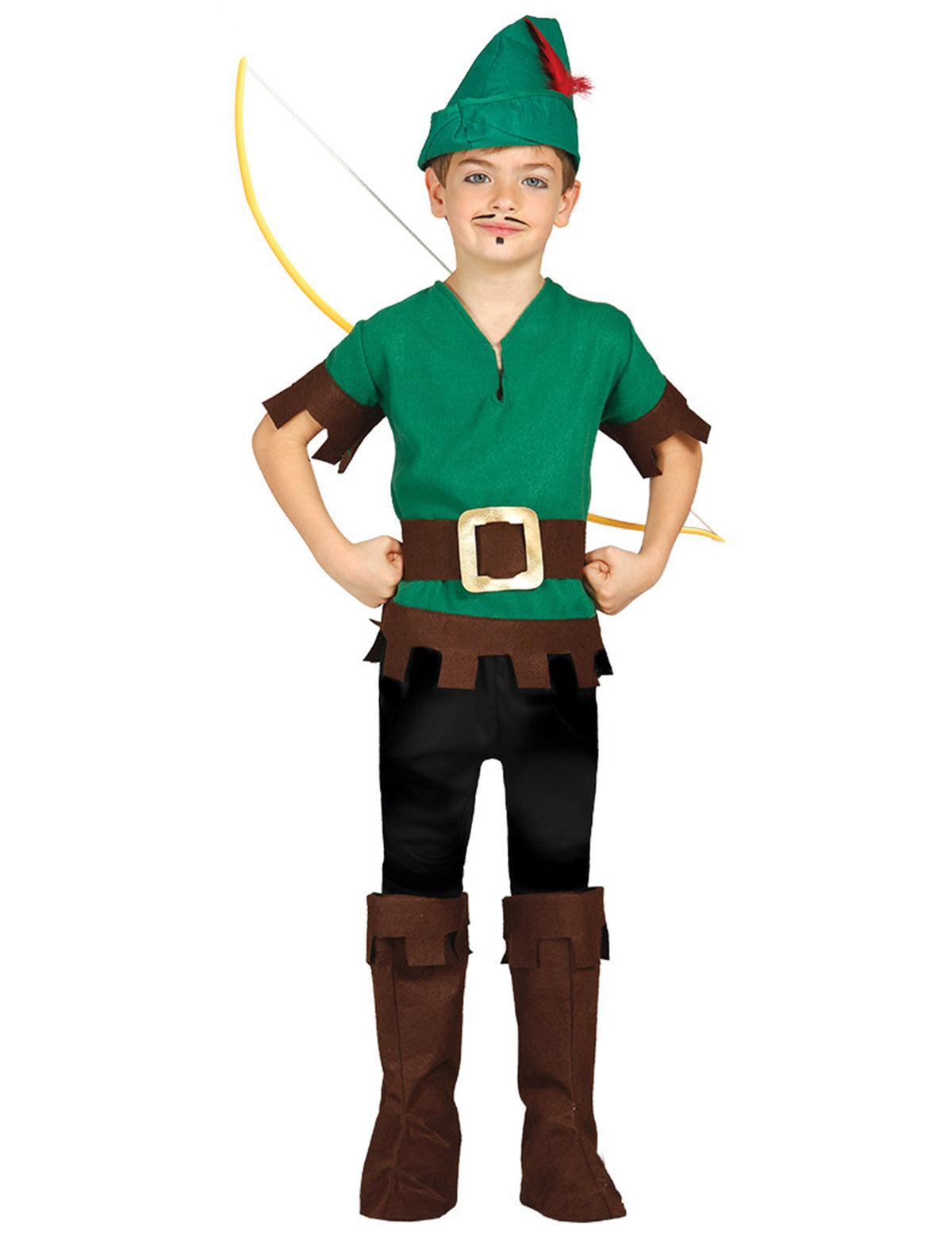 Déguisement voleur des bois pour garçon vert et marron avec chapeau à plume