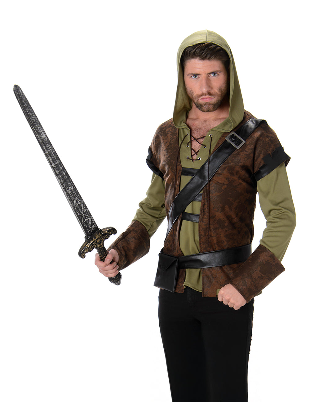 Vue de face avec épée du déguisement de voleur des bois