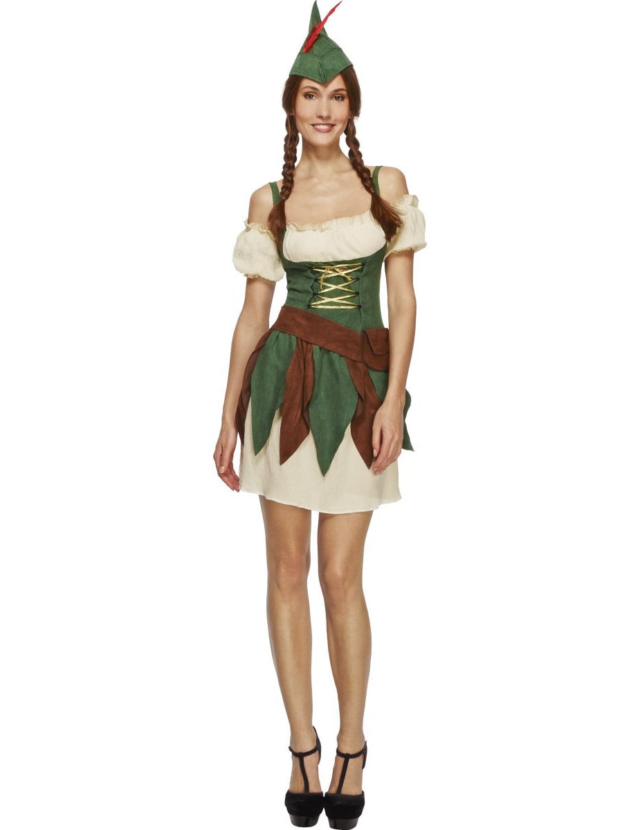 Déguisement de voleuse des bois sexy pour femme vert et marron avec chapeau à plume