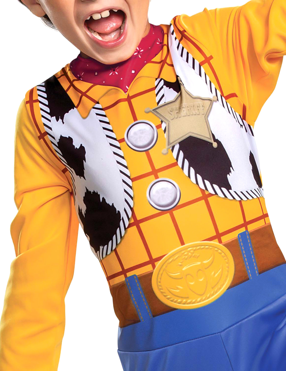 Détail de l'insigne de shérif et du gilet du déguisement Woody Toy Story classique
