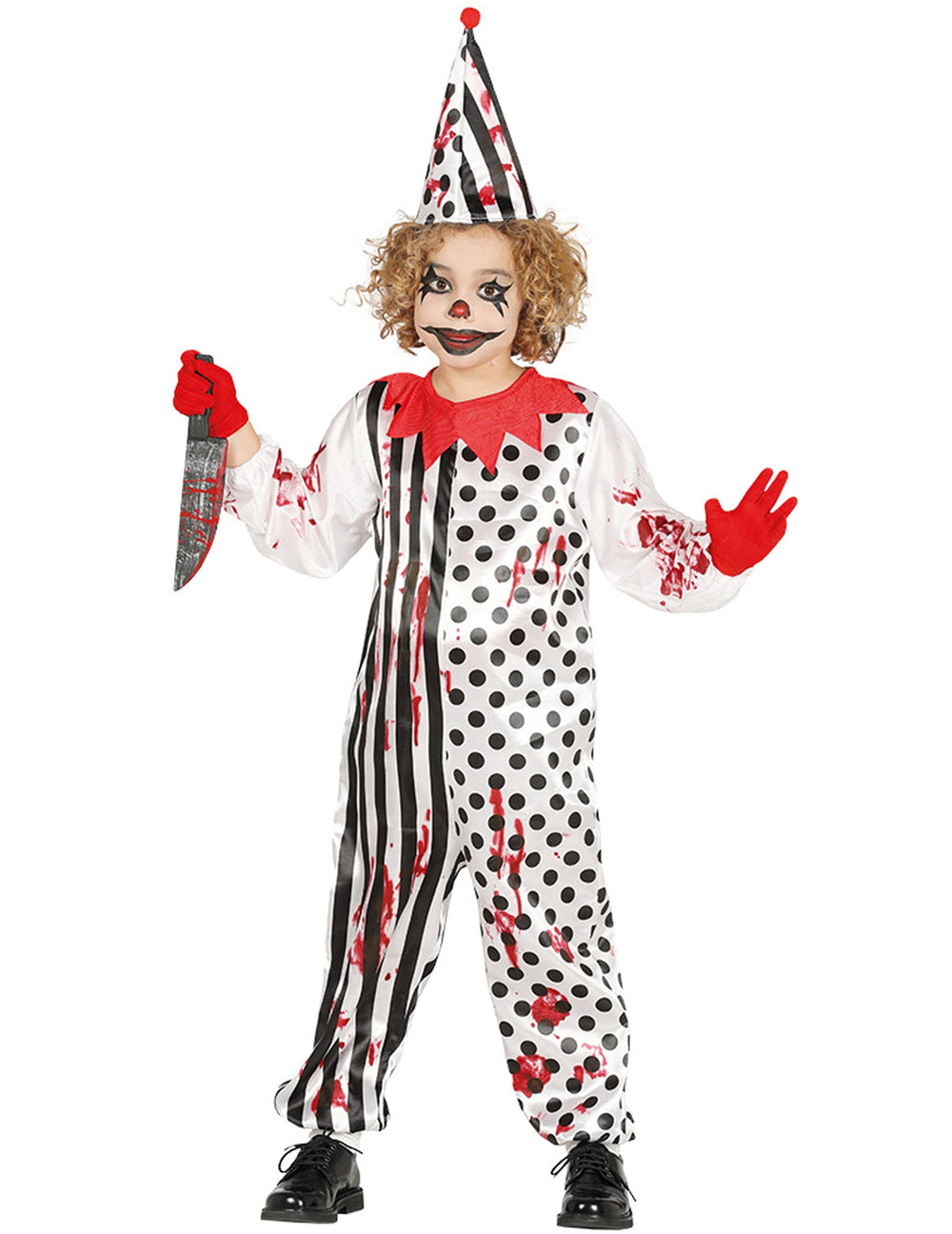 Déguisement zombie arlequin ensanglanté pour enfant noir et blanc avec chapeau pointu