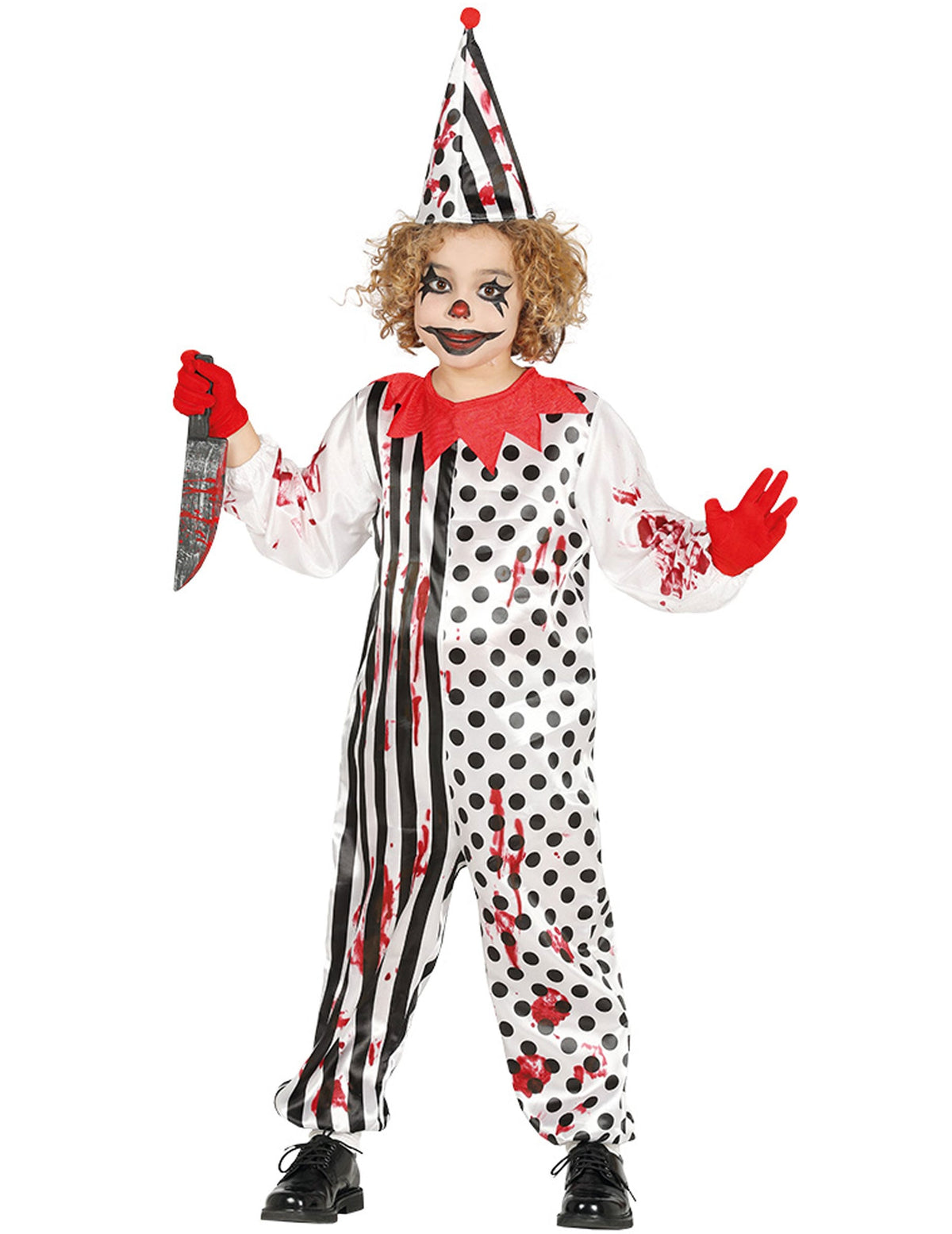 Déguisement zombie arlequin ensanglanté pour enfant noir et blanc avec chapeau pointu