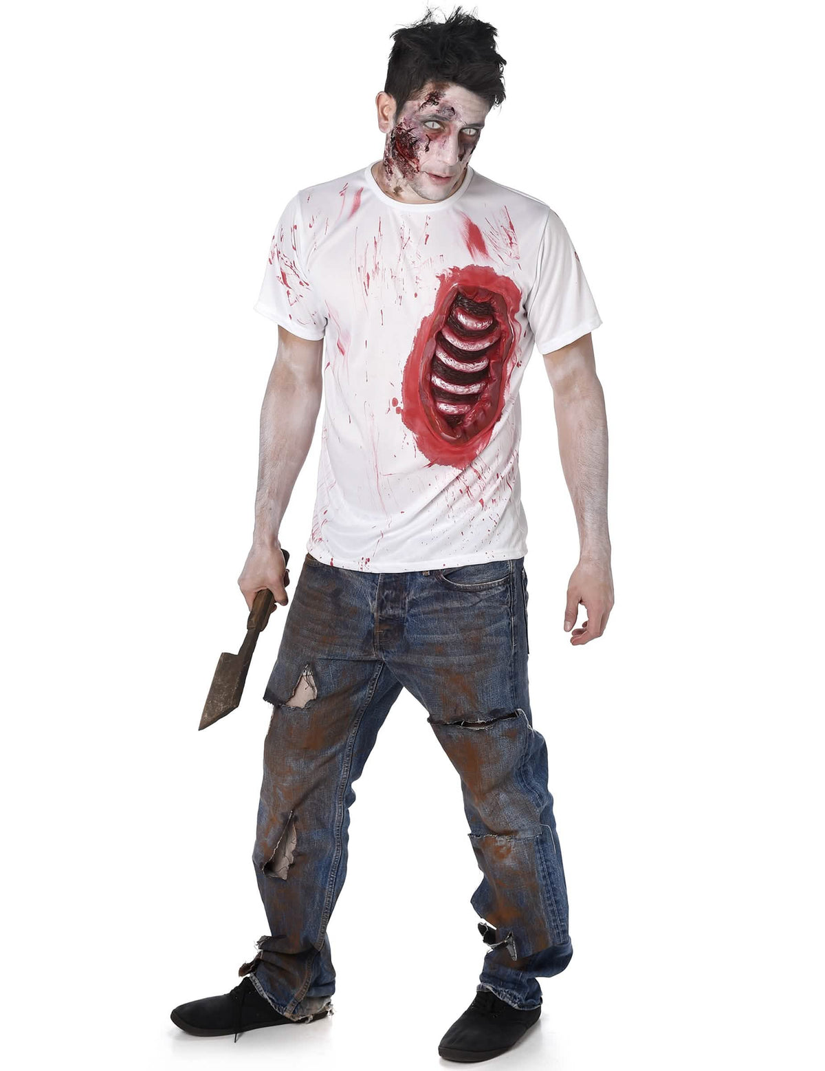 Fato de zombie com costelas em látex para homem branco ensanguentado