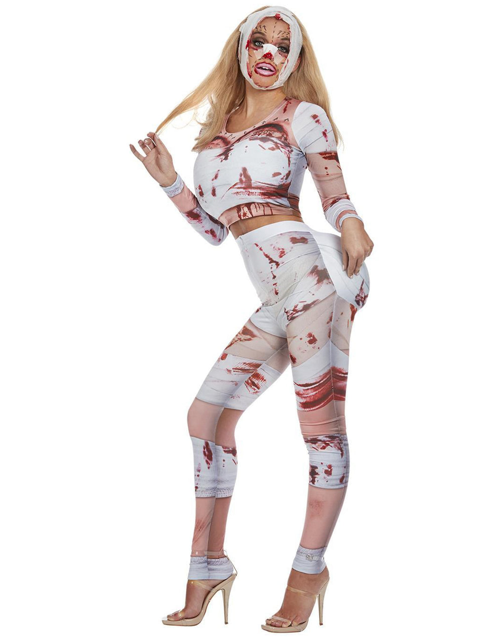 Déguisement de zombie chirurgie esthétique pour femme blanc et ensanglanté