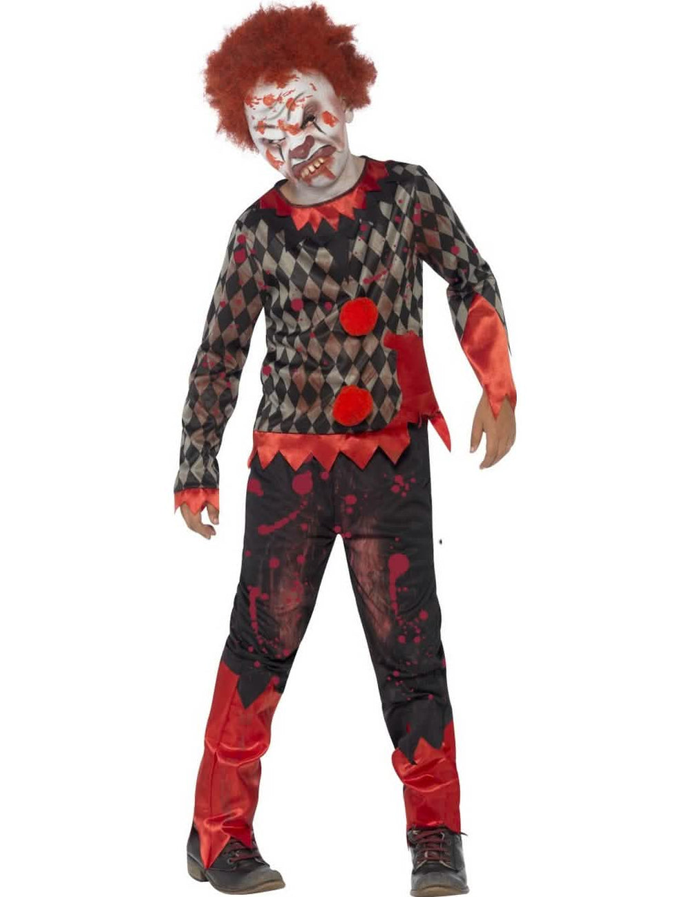 Fato de zombie palhaço para criança vermelho e preto ensanguentado