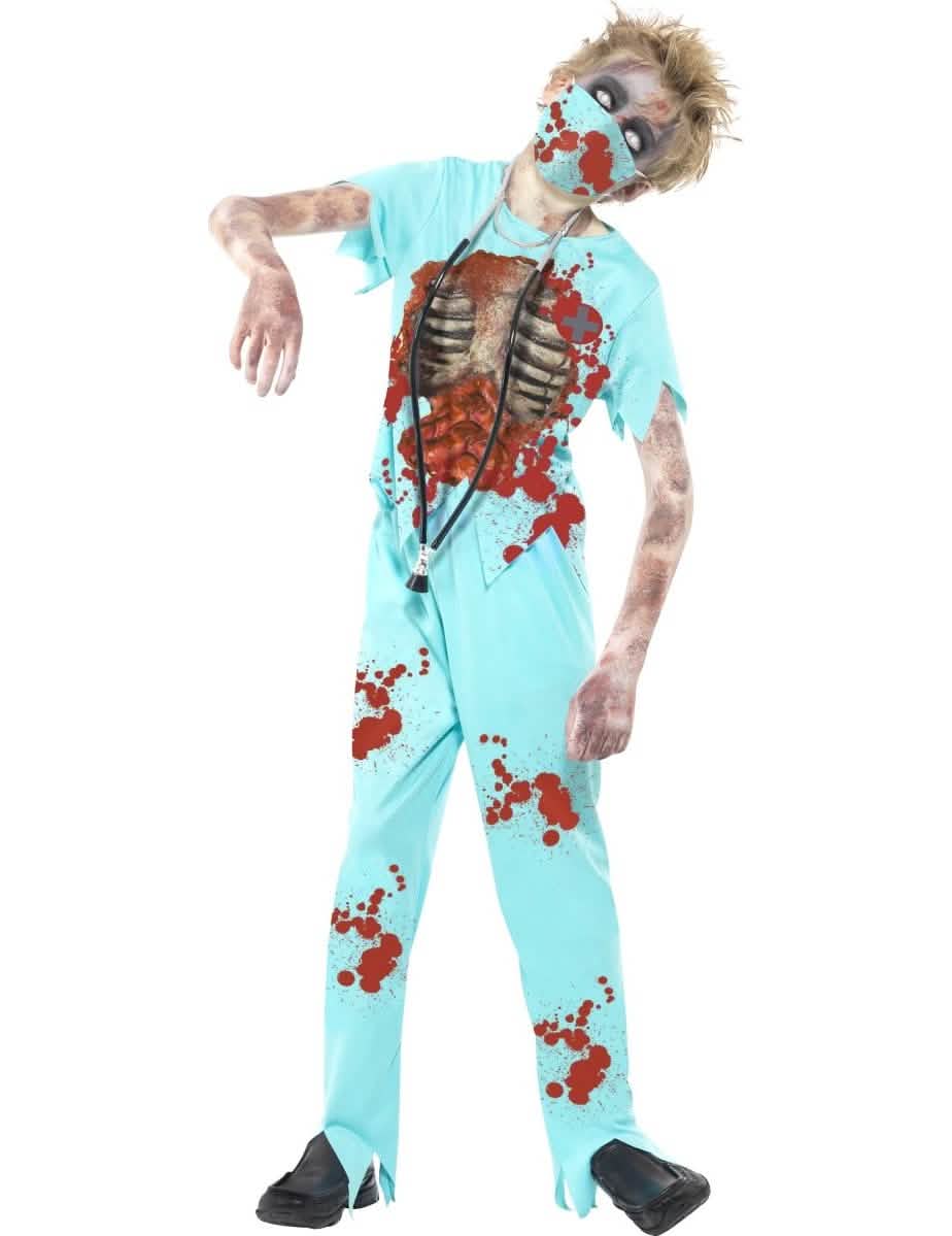 Vista frontal do disfarce de médico zombie para criança