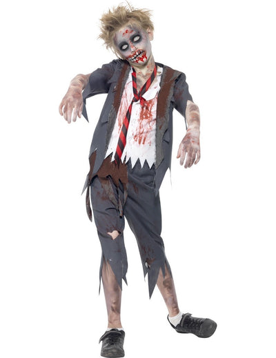 Déguisement de zombie écolier pour garçon gris et blanc ensanglanté