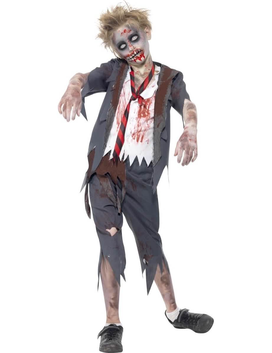 Fato de zombie de menino cinzento e branco ensanguentado