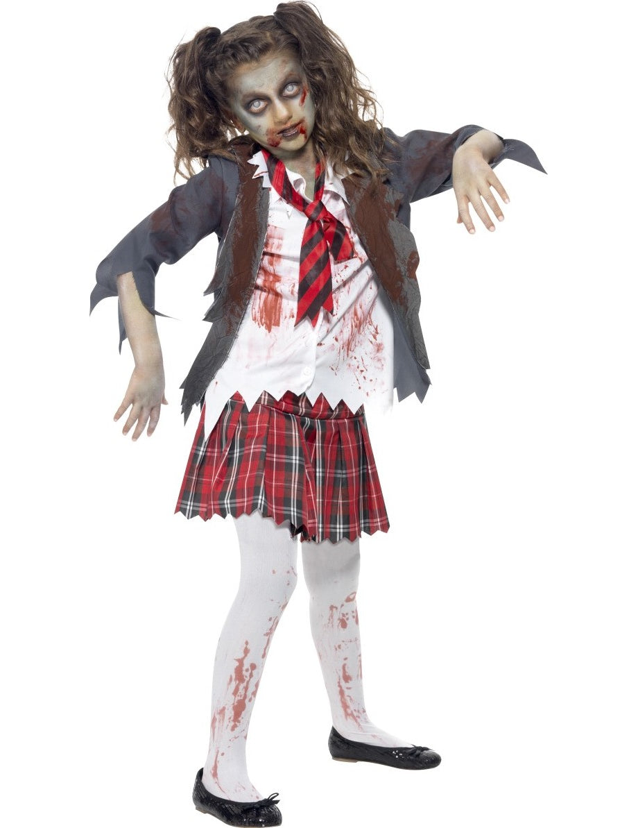 Déguisement de zombie écolière pour fille gris et rouge avec taches de sang