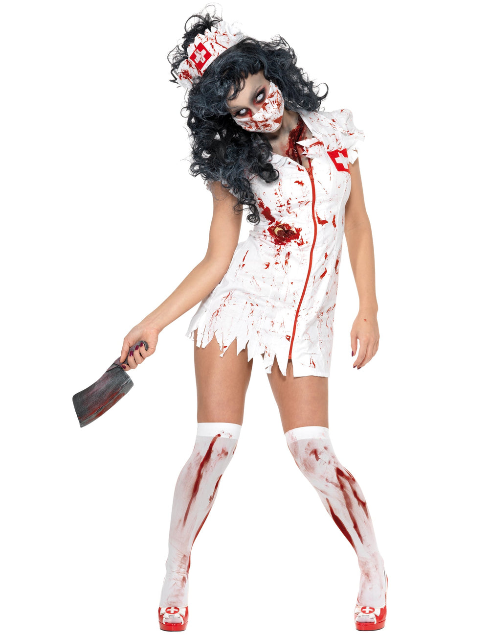 Déguisement de zombie infirmière pour femme blanc ensanglanté avec masque et coiffe