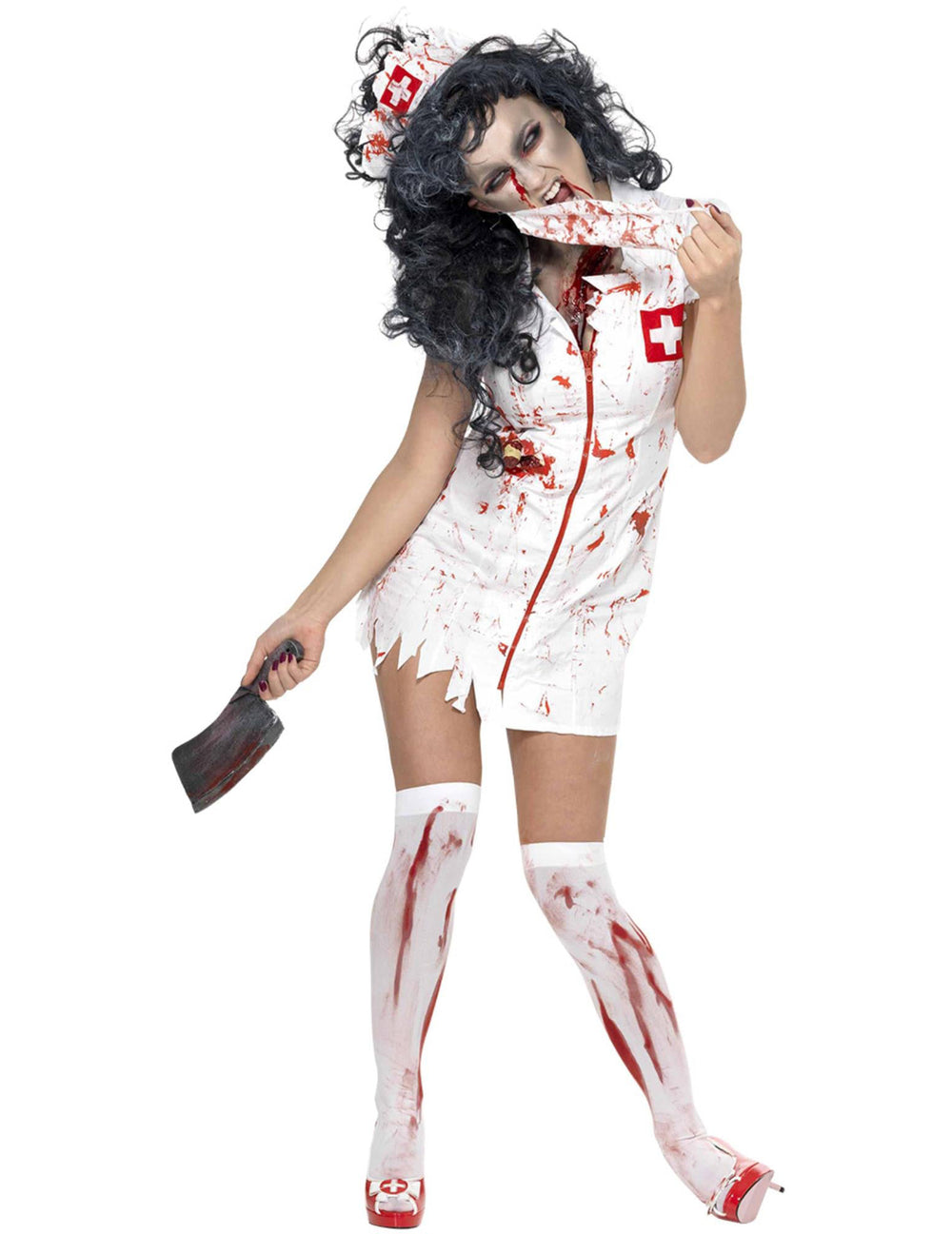 Détail du hachoir et du masque ensanglanté du déguisement de zombie infirmière