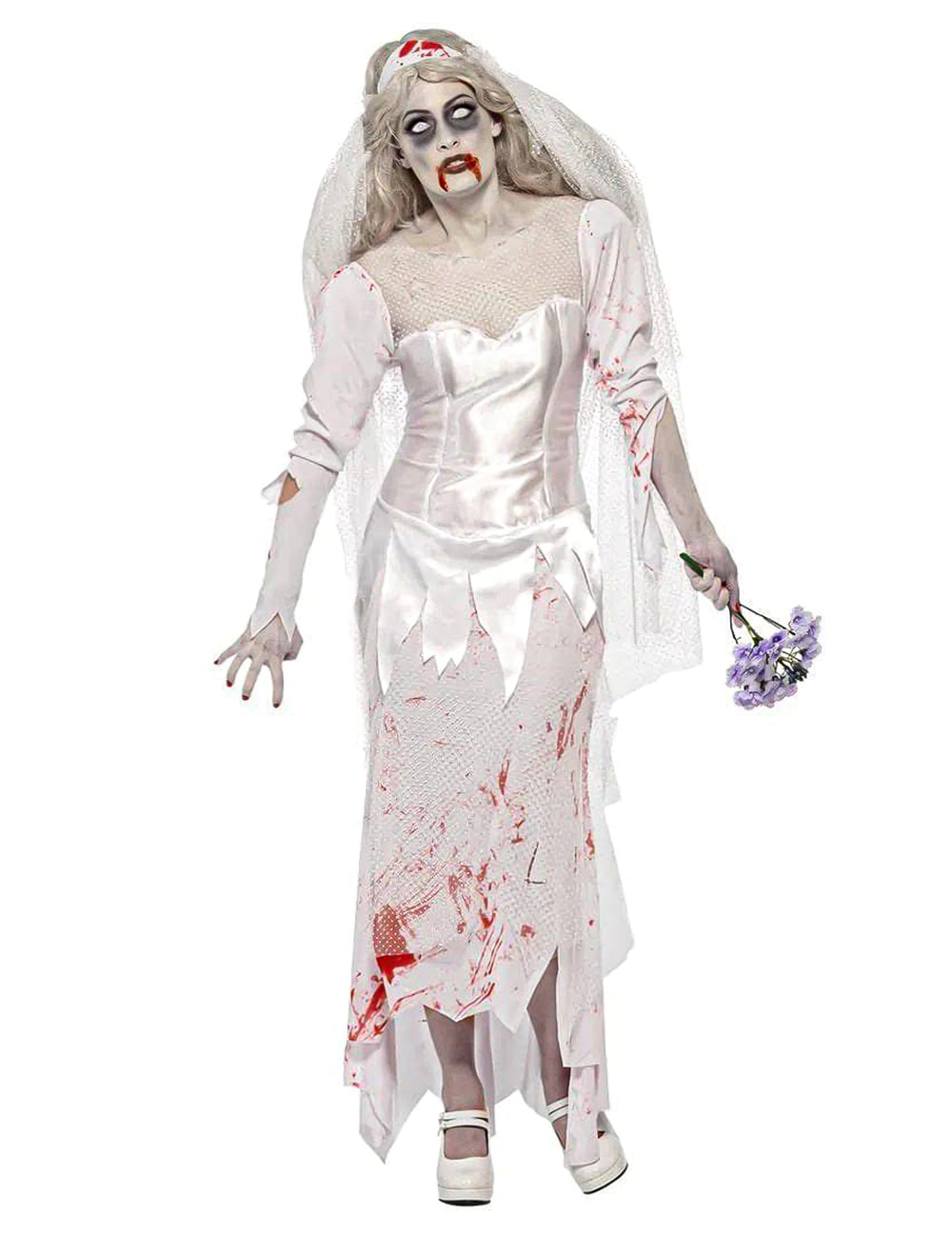 Déguisement de mariée zombie pour femme blanc et ensanglanté avec voile