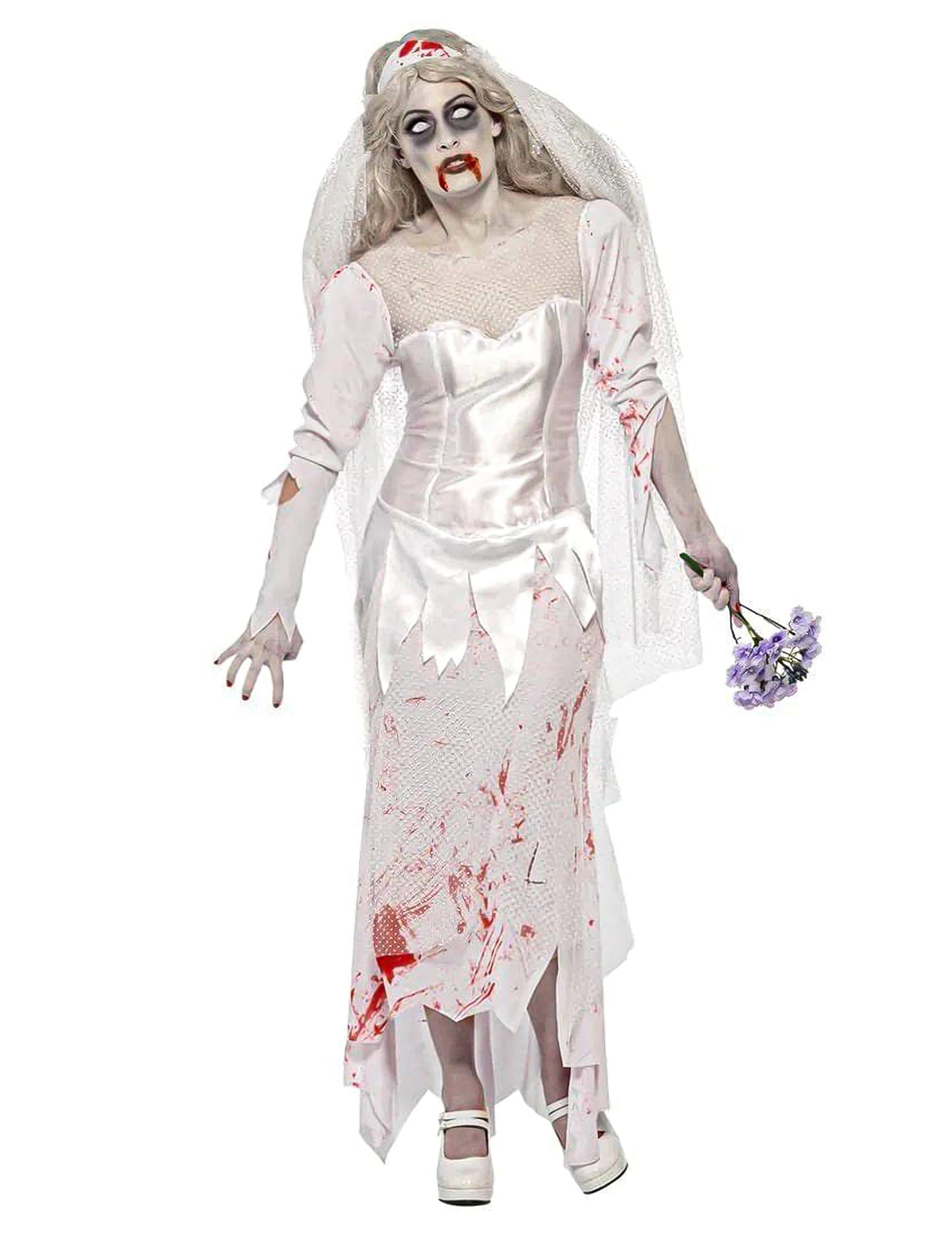 Déguisement de mariée zombie pour femme blanc et ensanglanté avec voile