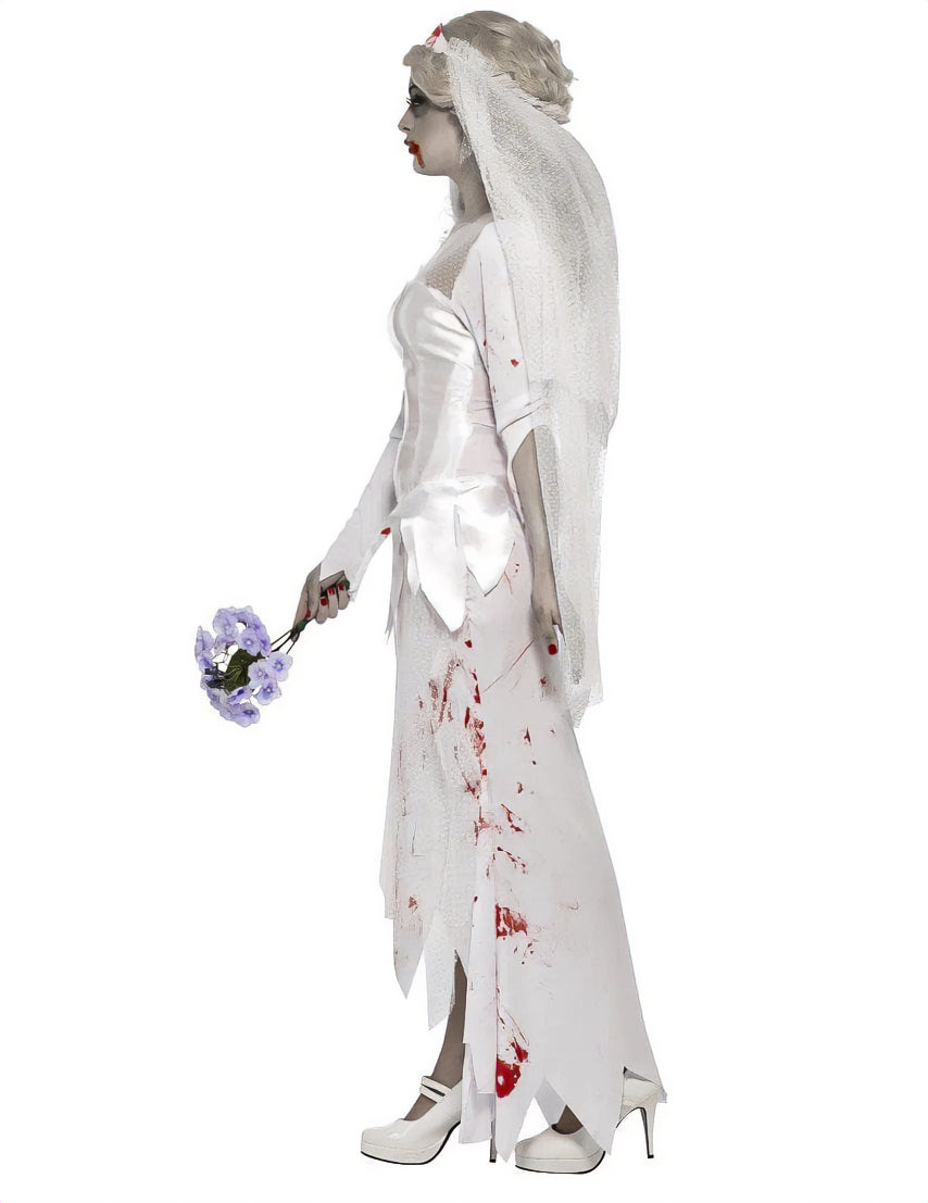 Vue de profil du déguisement de mariée zombie pour femme