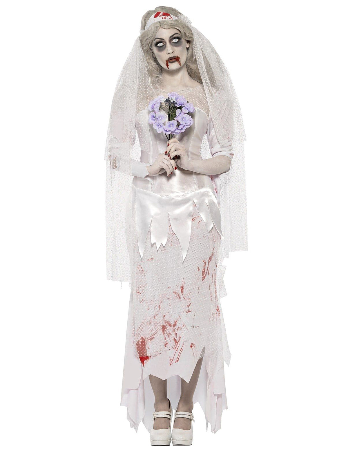 Déguisement de mariée zombie pour femme blanc avec taches de sang et voile