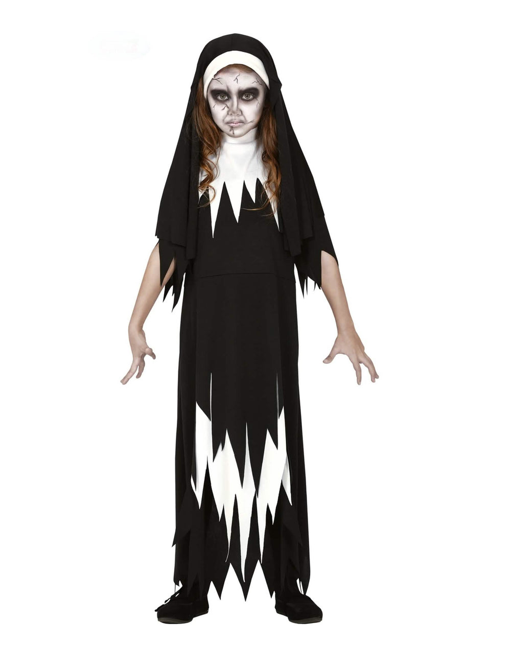 Fato de zombie freira para menina black and white com bordas recortadas