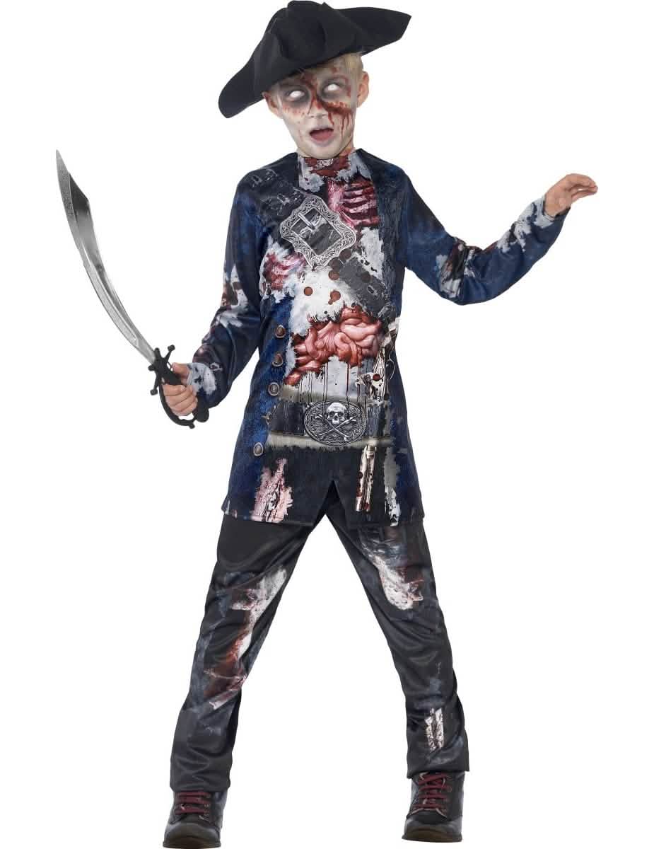 Fato de zombie pirata para menino azul com chapéu