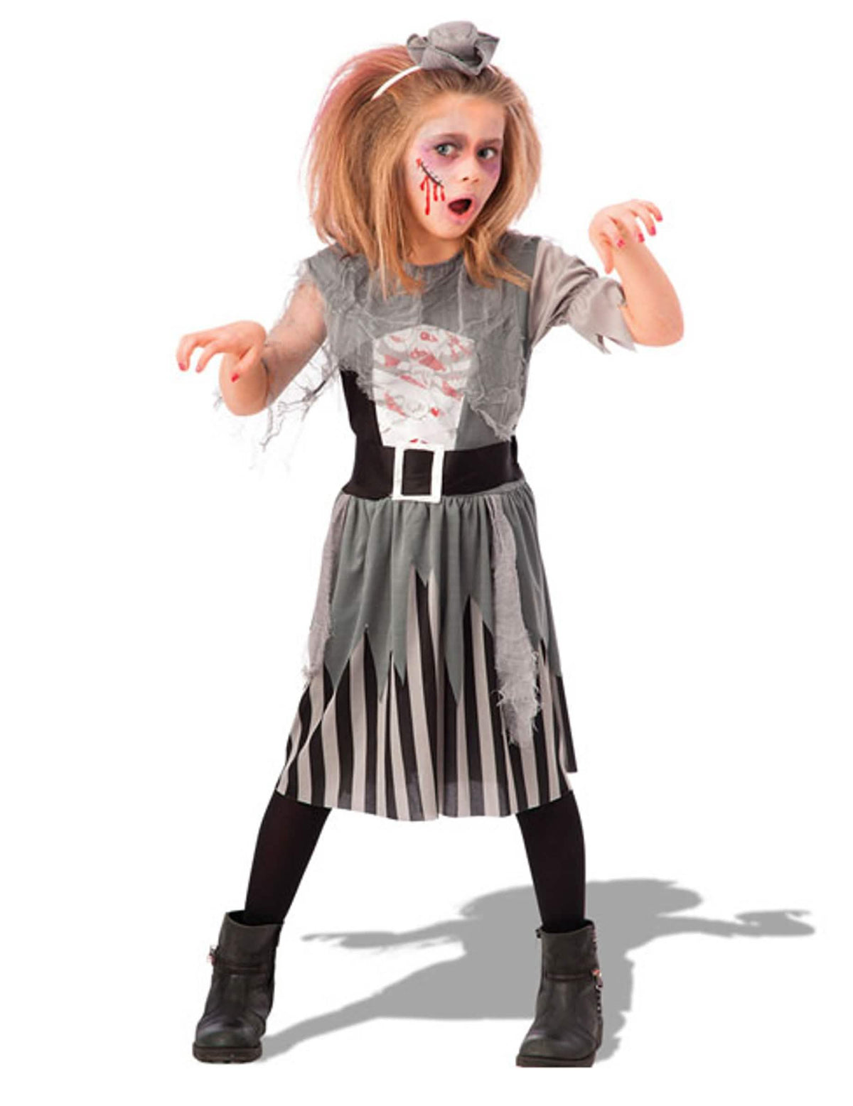 Fato de zombie pirata para menina cinzento com saia às riscas