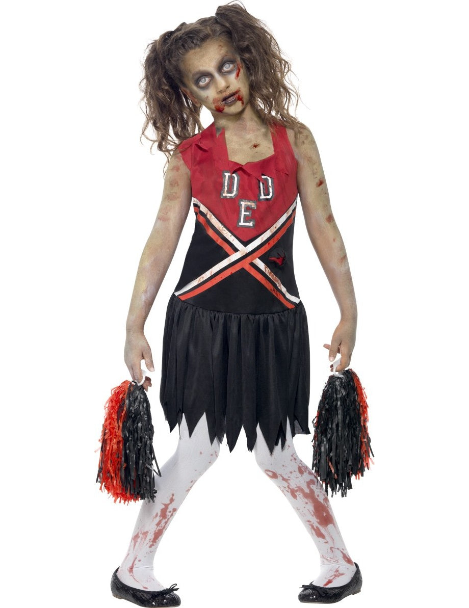 Déguisement de zombie pompom girl pour fille noir et rouge avec pompons ensanglantés
