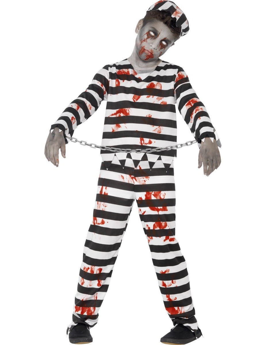 Déguisement zombie prisonnier Halloween pour garçon noir et blanc ensanglanté
