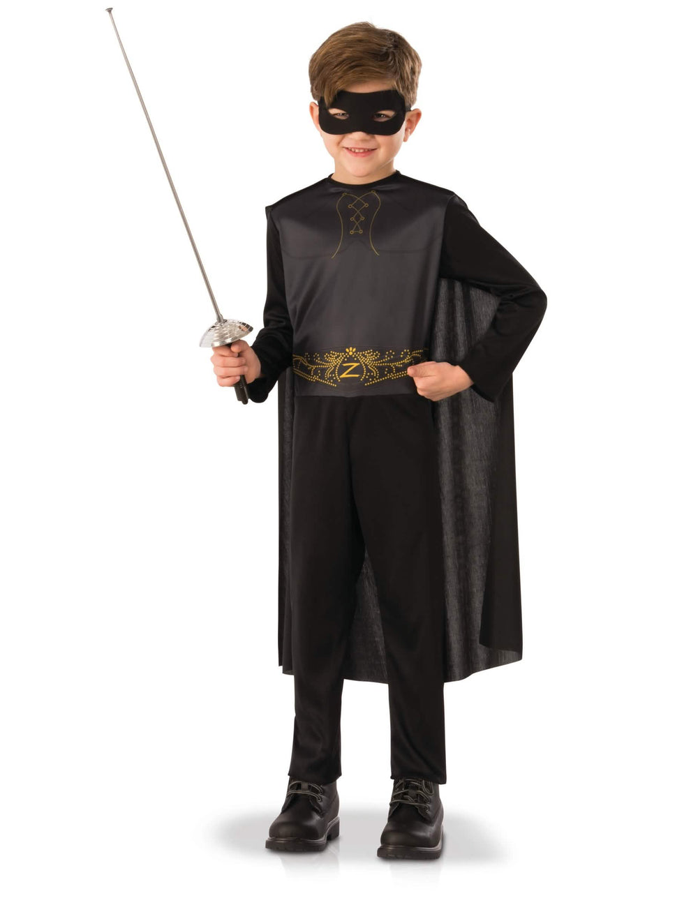 Fato clássico do Zorro para menino preto com capa e máscara