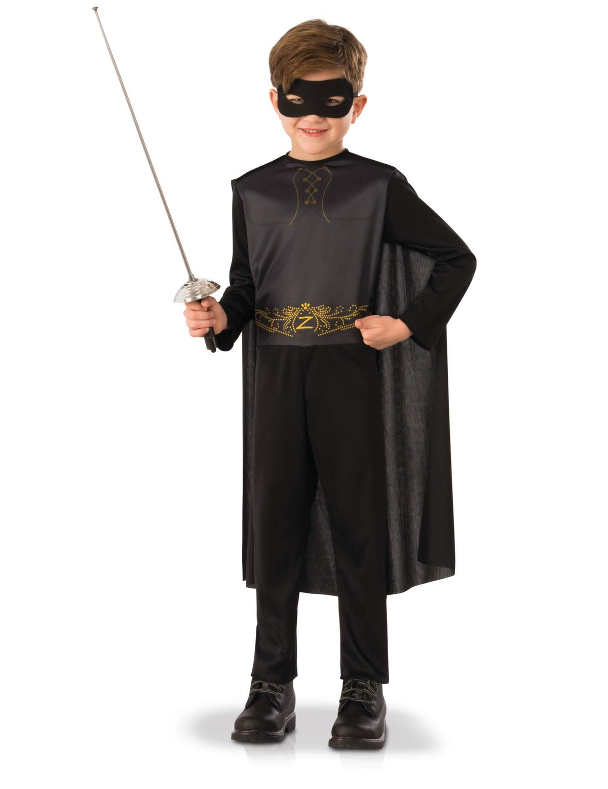Fato clássico do Zorro para menino preto com capa e máscara