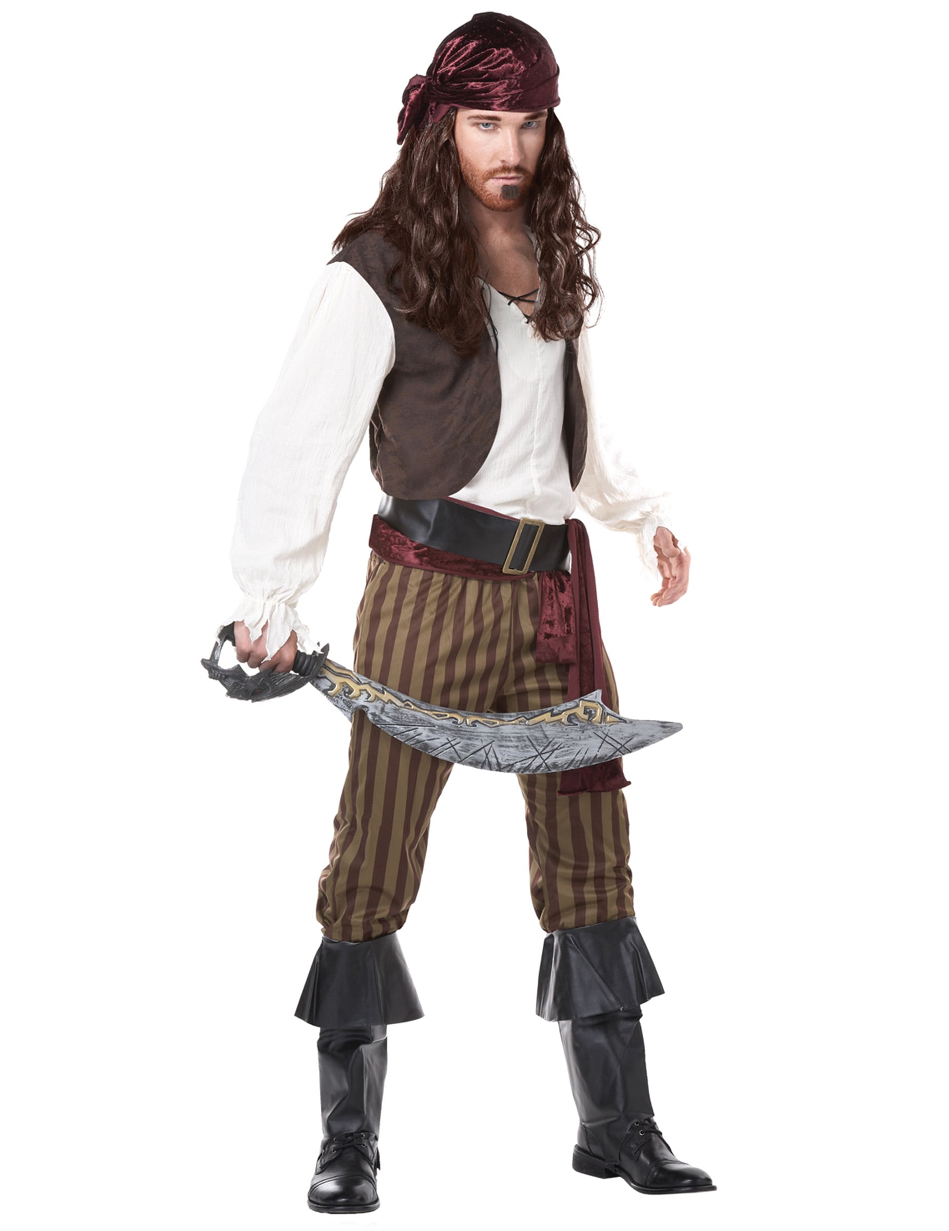 Déguisement de pirate pour adulte marron et blanc avec sabre et bandana
