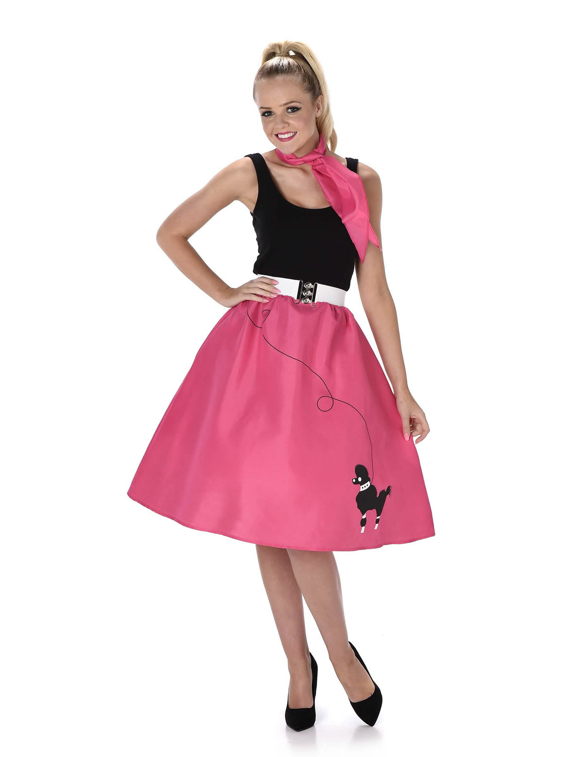 Fato anos 50 para mulher cor de rosa fúcsia com saia caniche e lenço