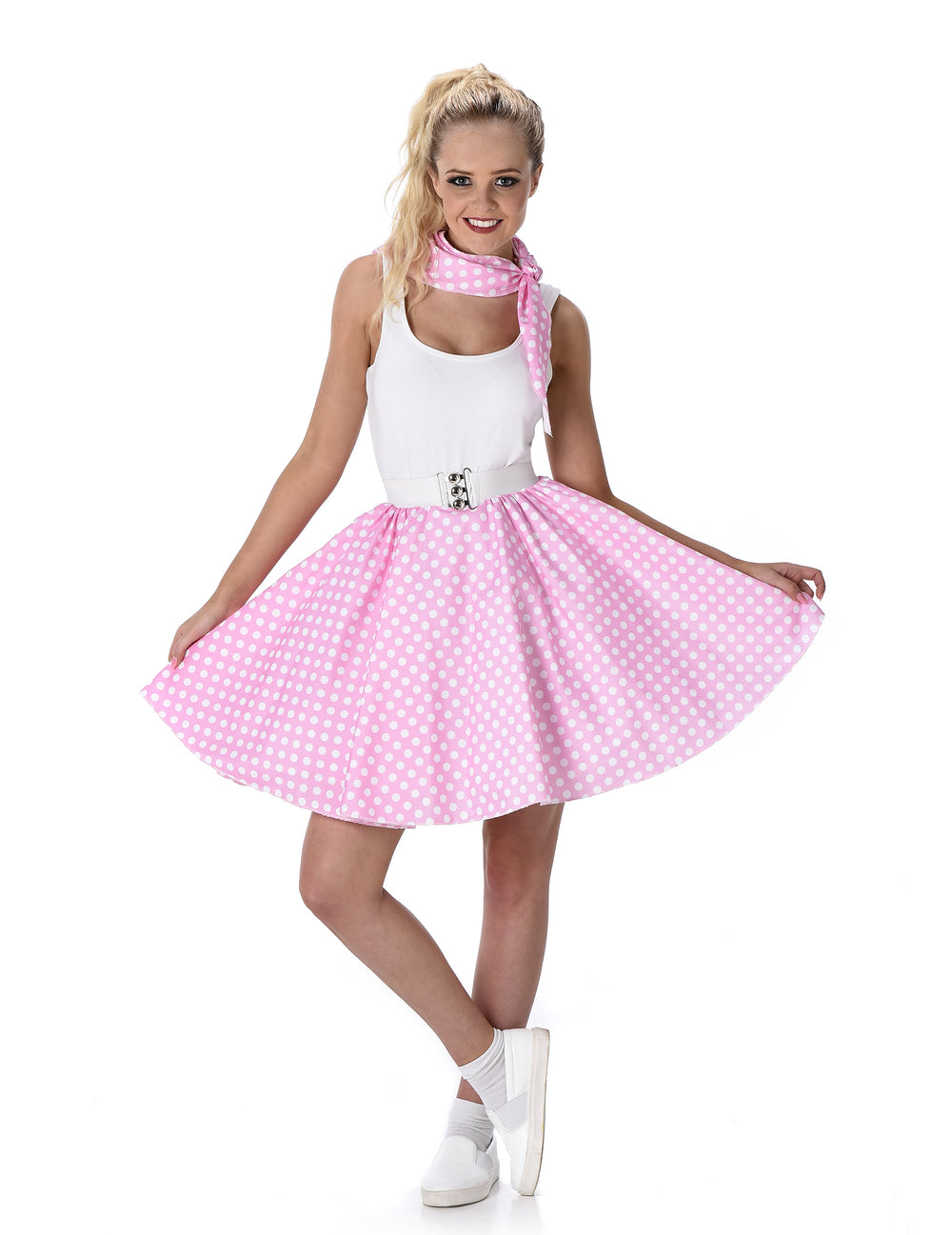 Déguisement années 50 pour femme rose clair à pois avec foulard et ceinture
