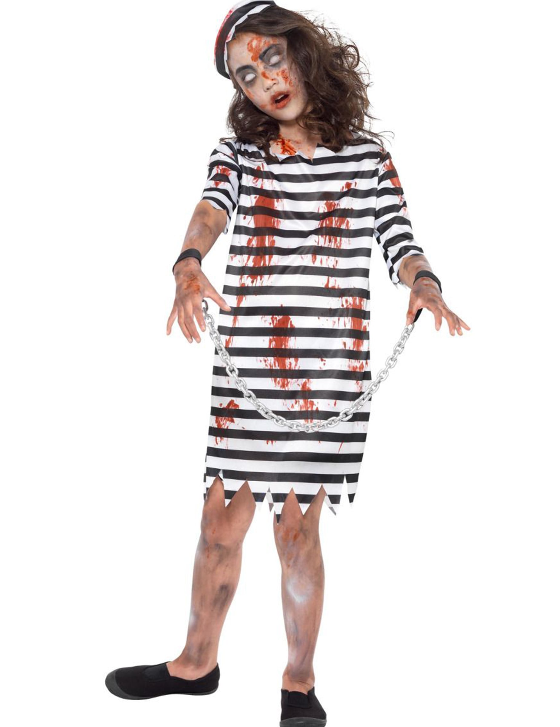 Déguisement de prisonnière enchaînée zombie pour fille noir et blanc ensanglanté