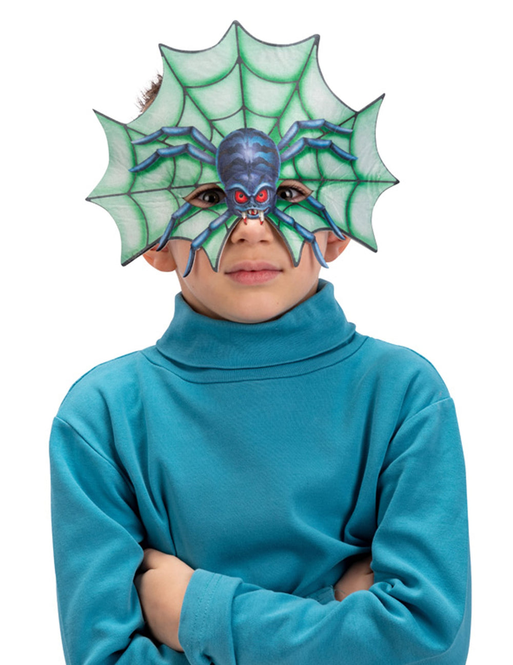 Demi masque araignée pour enfant vert et bleu avec toile