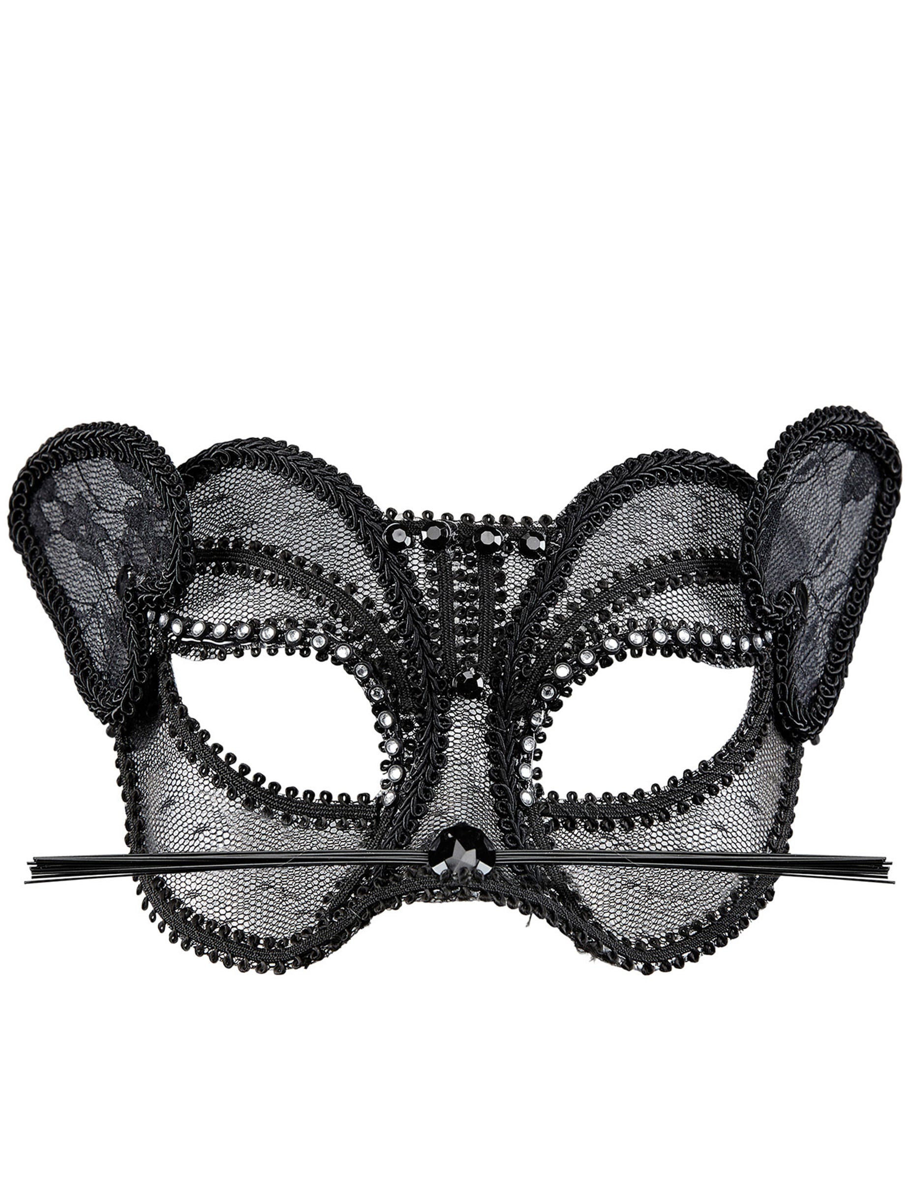 Vue de face du demi masque chat sexy en dentelle