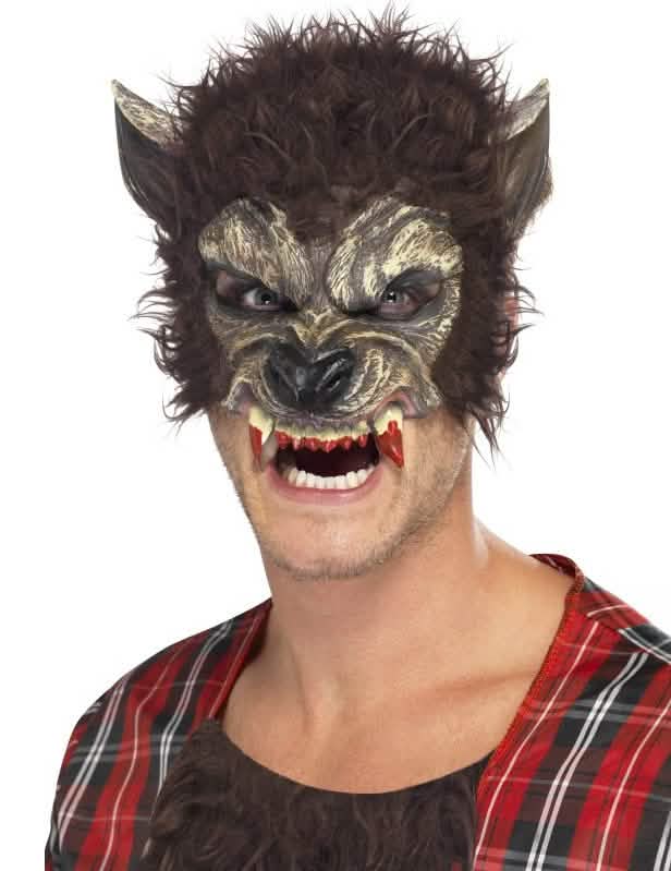 Semi-máscara de lobo para adulto castanho com pelo e dentes ensanguentados