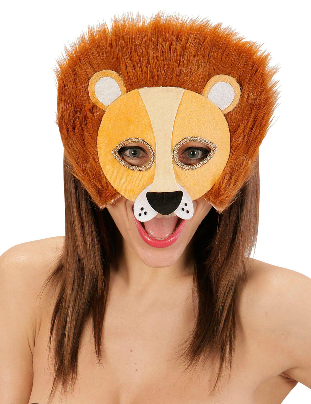 Demi masque peluche lion pour adulte marron avec crinière en fausse fourrure