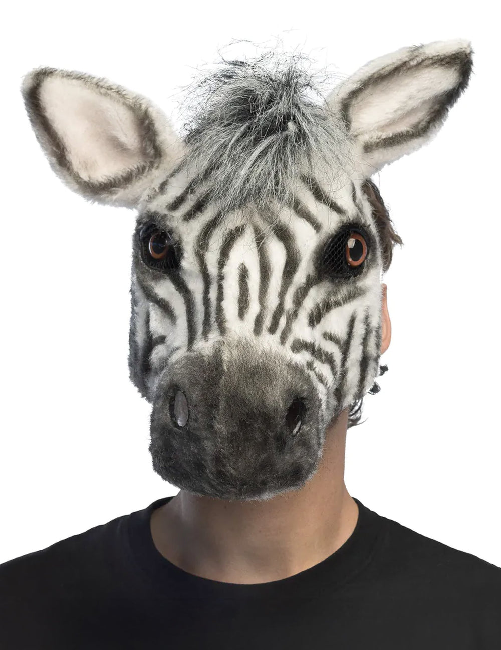 Demi-masque peluche zèbre pour adulte à rayures noires et blanches avec crinière